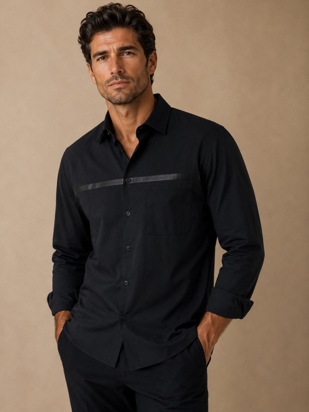 Men's Black Long-Sleeve Button-Up Shirt